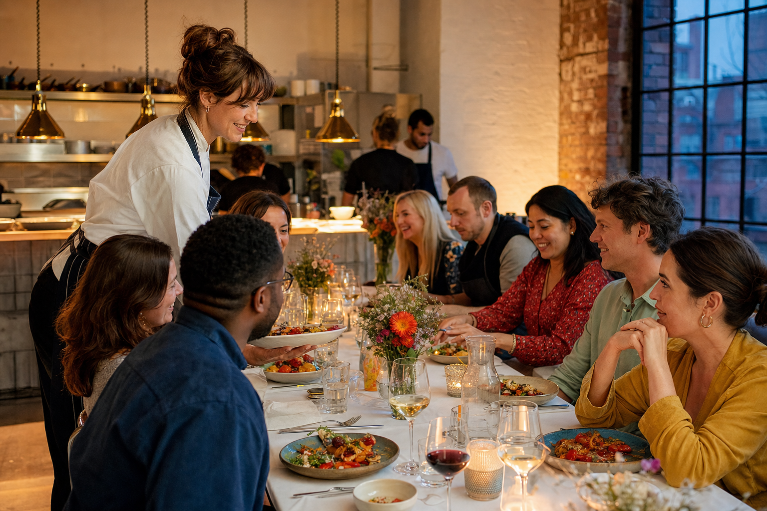 A supper-club host welcoming guests around a shared table