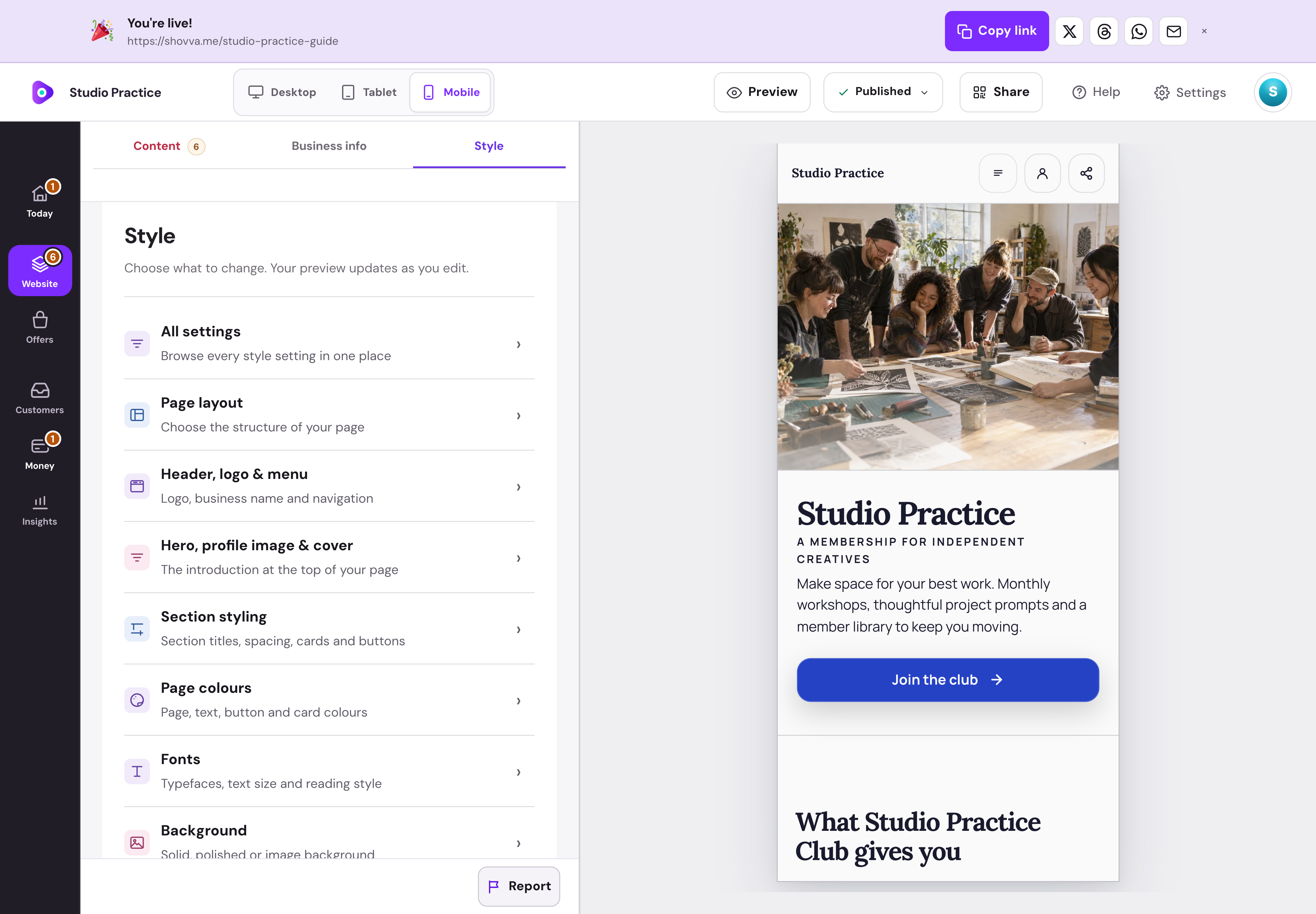 Shovva Style editor showing the fully rendered Studio Practice membership page