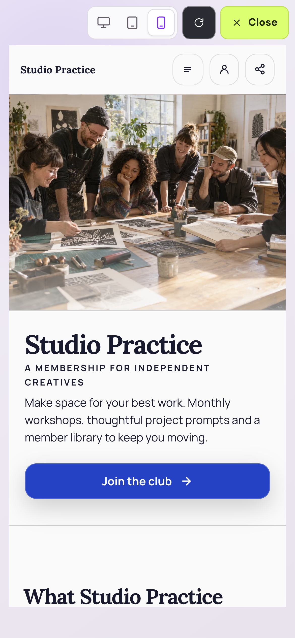 Studio Practice fully rendered in Shovva’s mobile editor preview