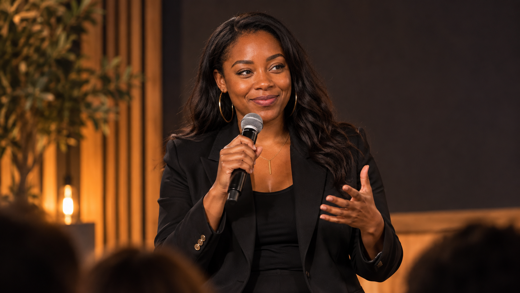 Amina Rowe speaking at a creative event