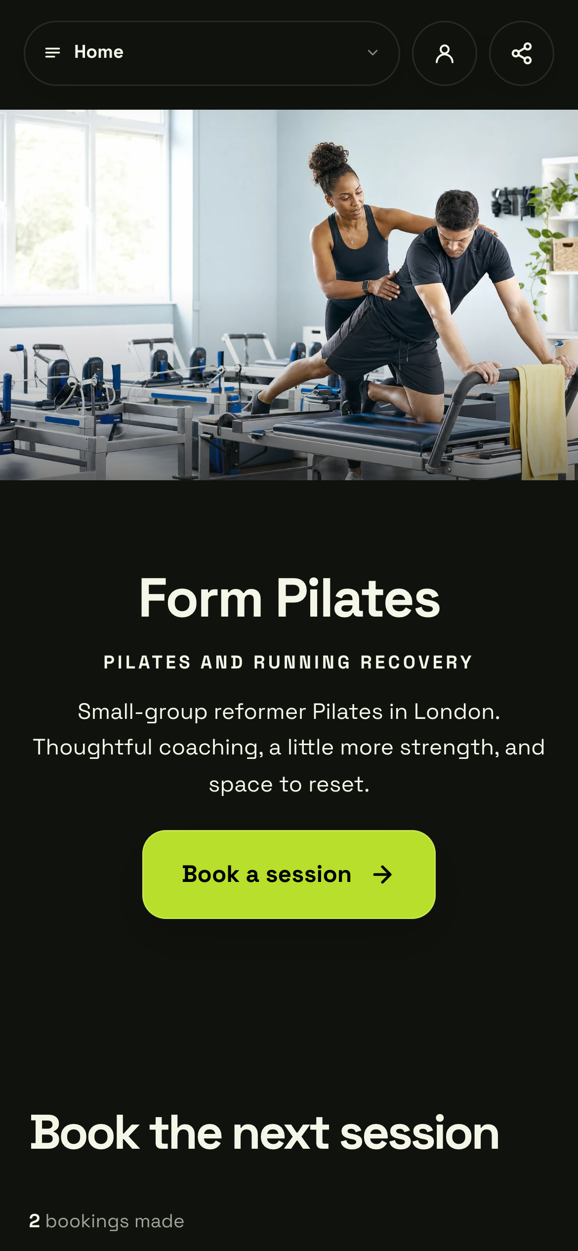 Actual Shovva profile pilates example on mobile