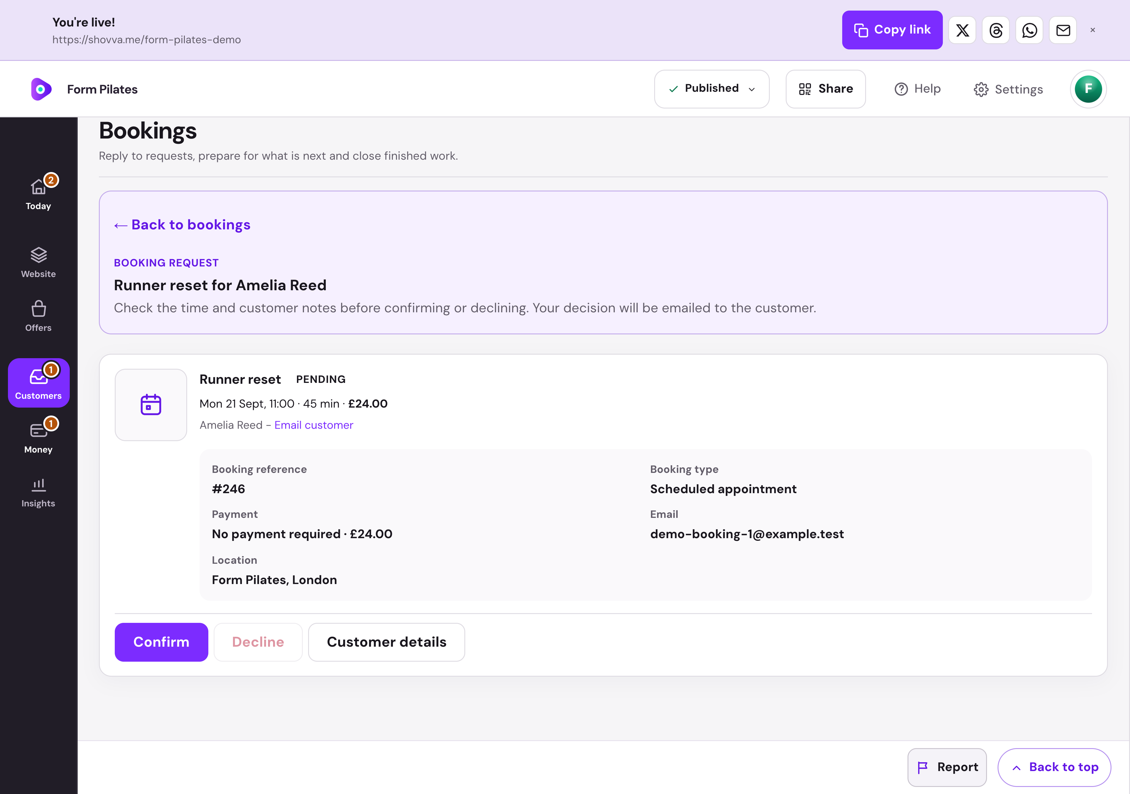 Actual Shovva booking management example on desktop