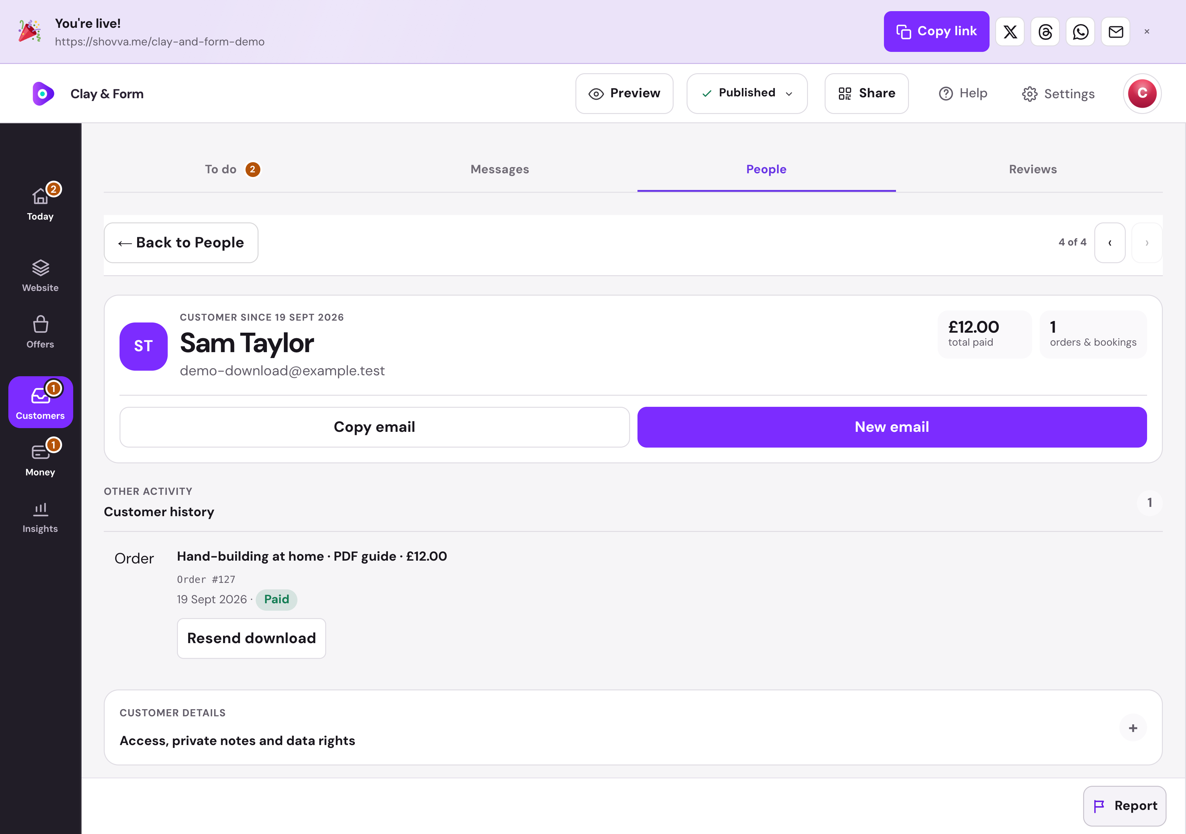 Clay & Form · Digital order history — desktop dashboard