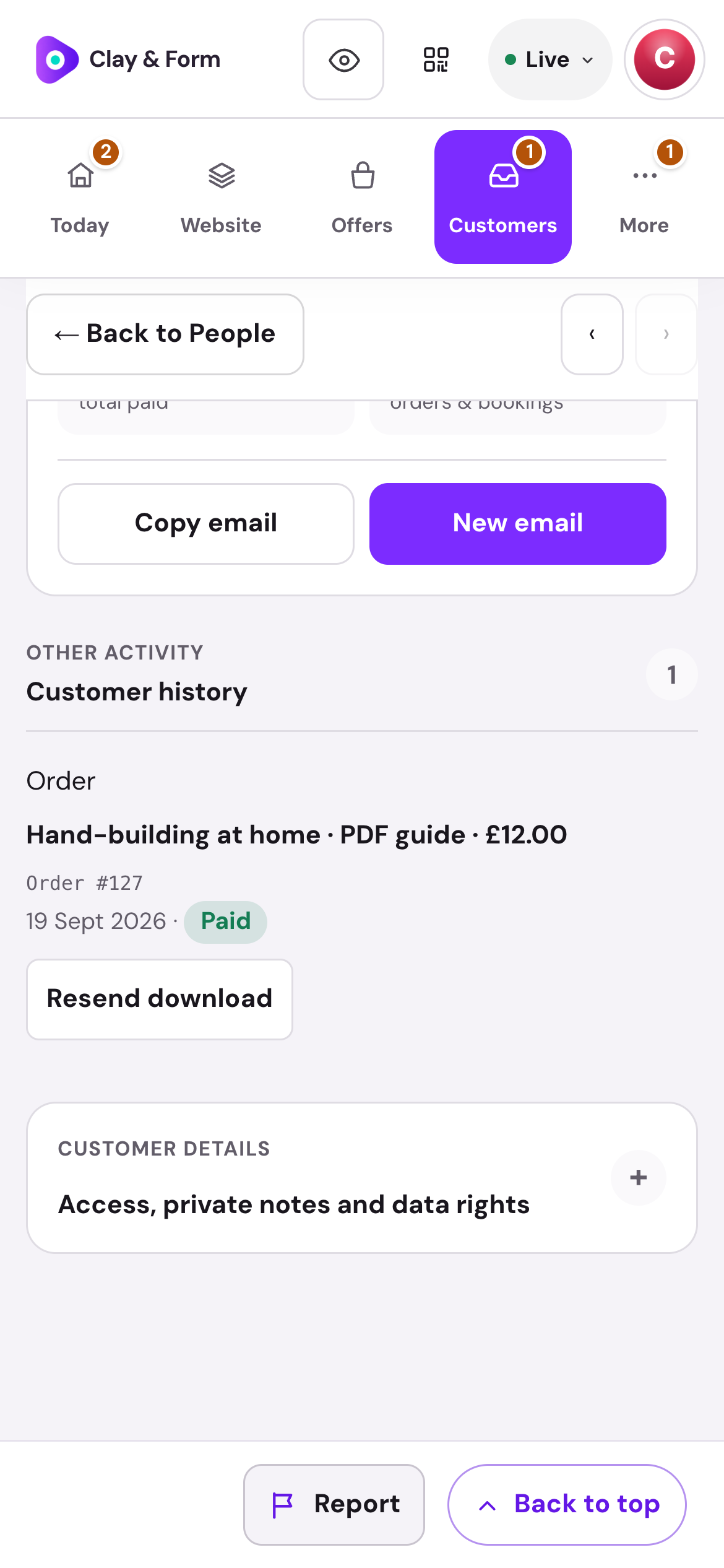 Clay & Form · Digital order history — mobile dashboard