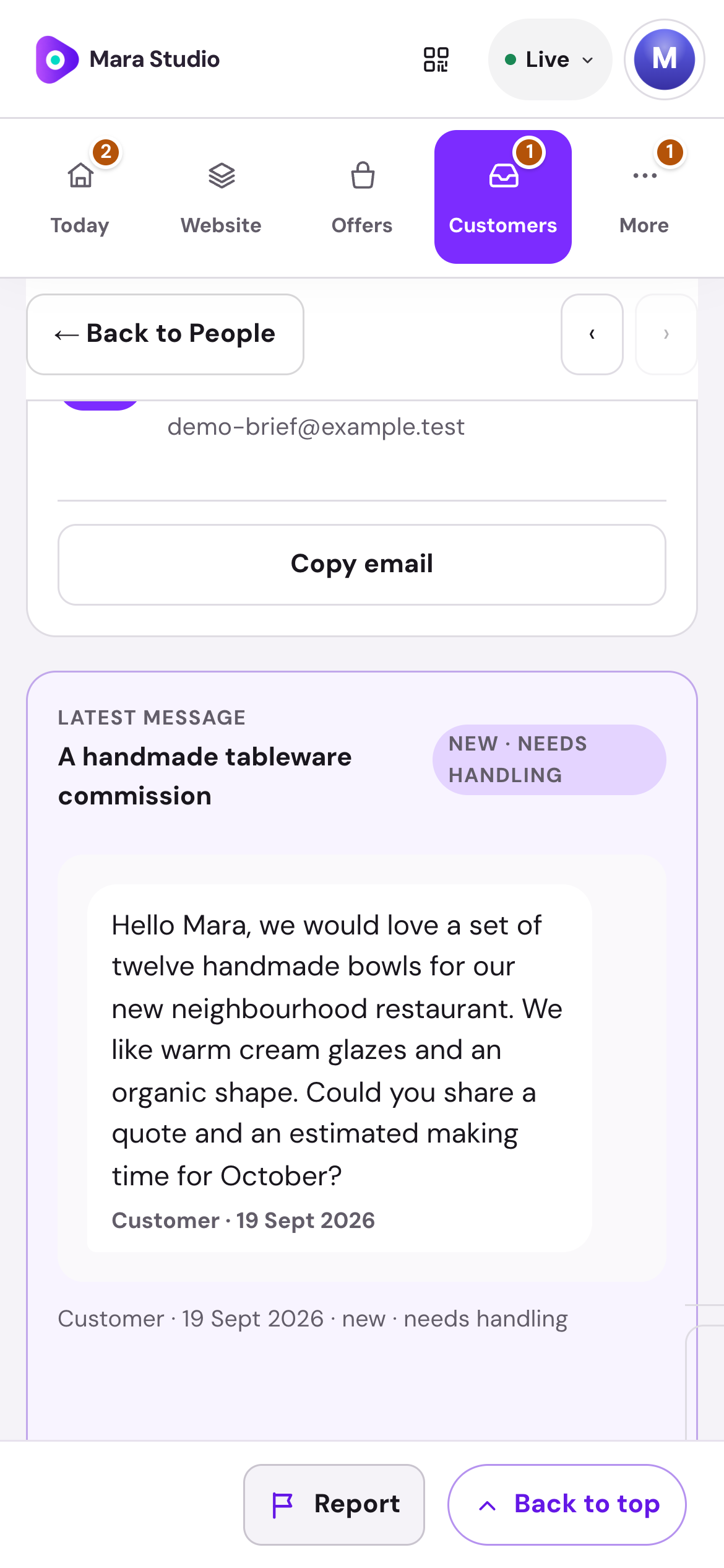 Mara Studio · Enquiry workspace — mobile dashboard