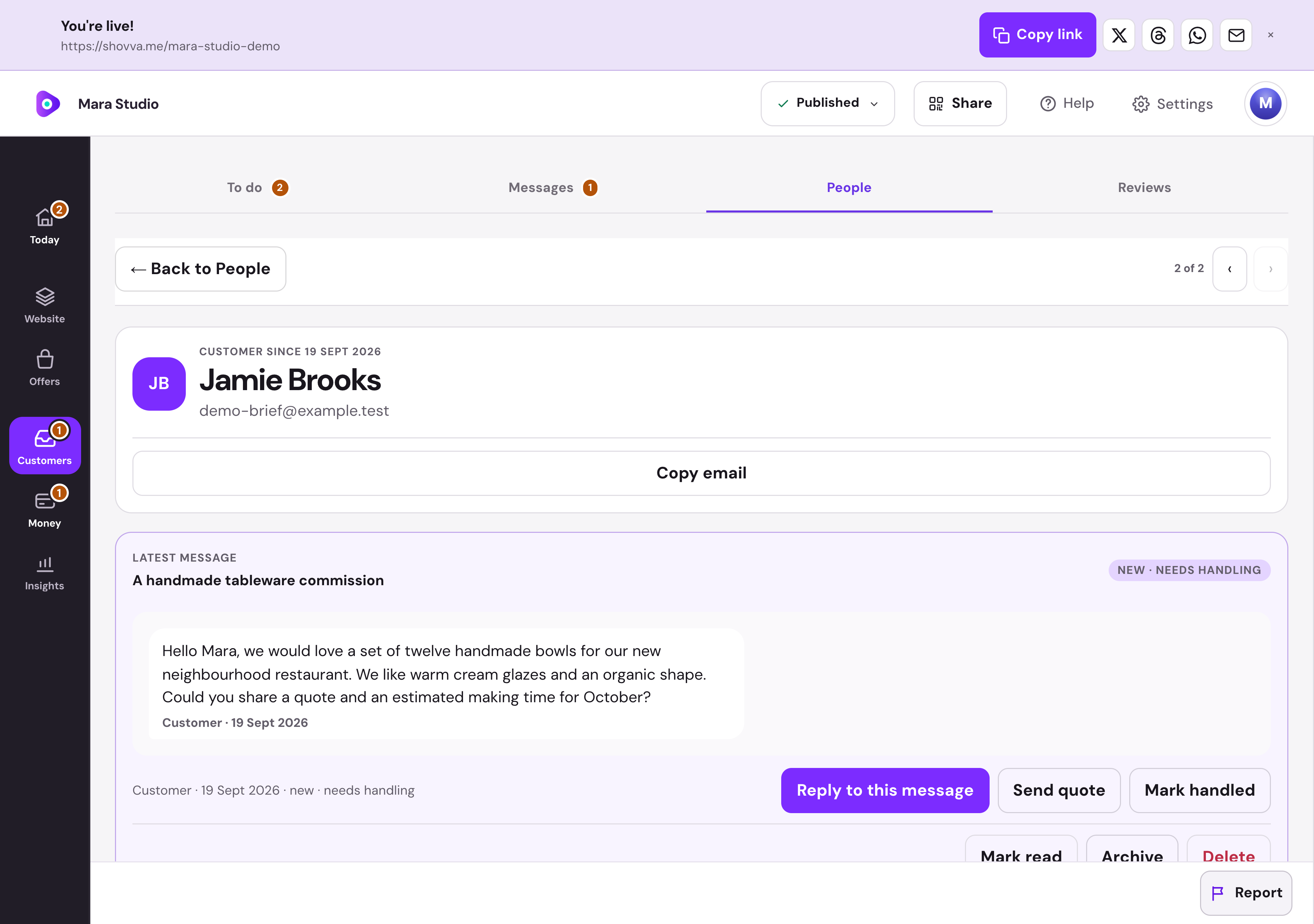Mara Studio · Enquiry workspace — desktop dashboard