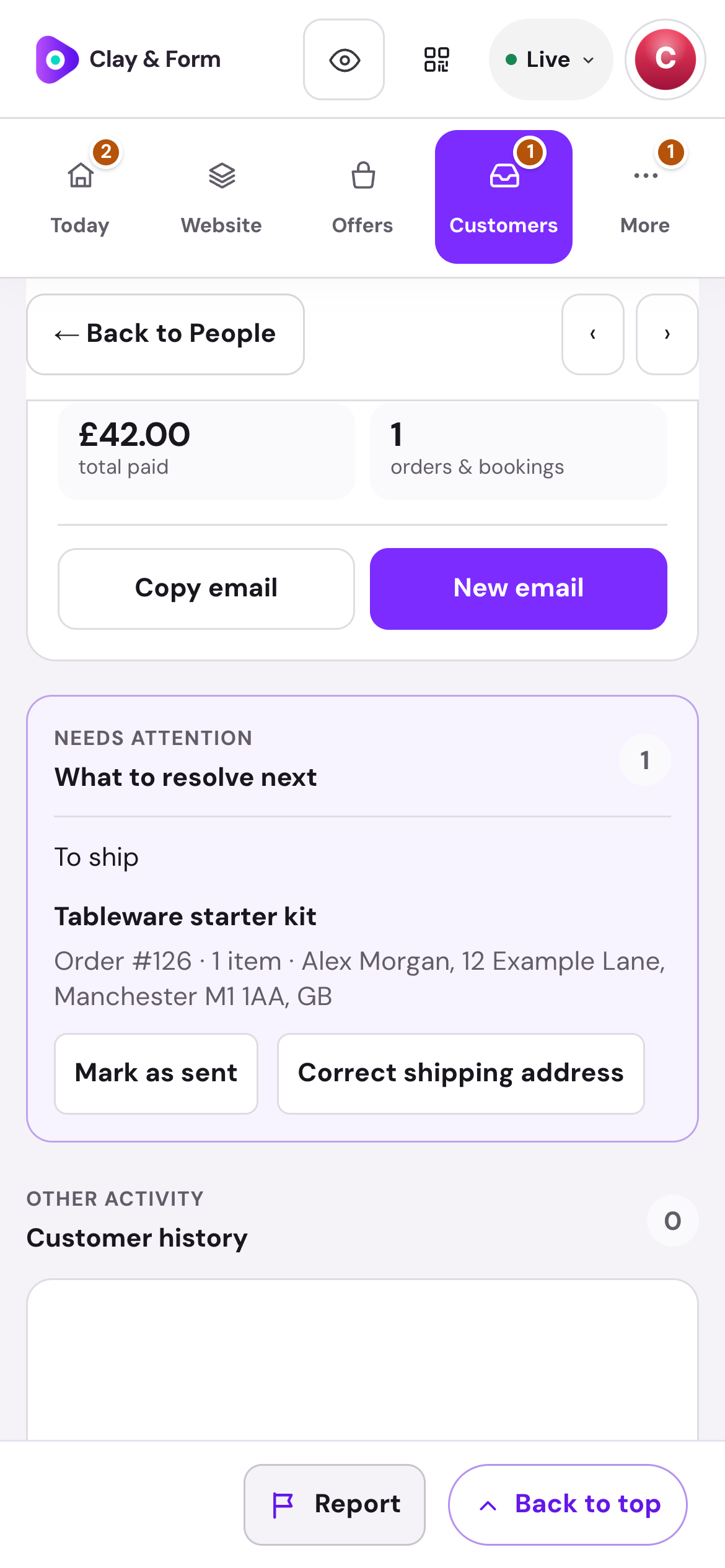 Clay & Form · Order fulfilment — mobile dashboard