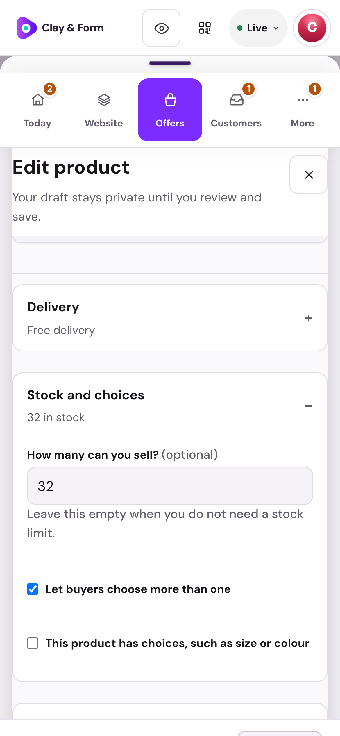 Clay & Form · Product editor — mobile dashboard