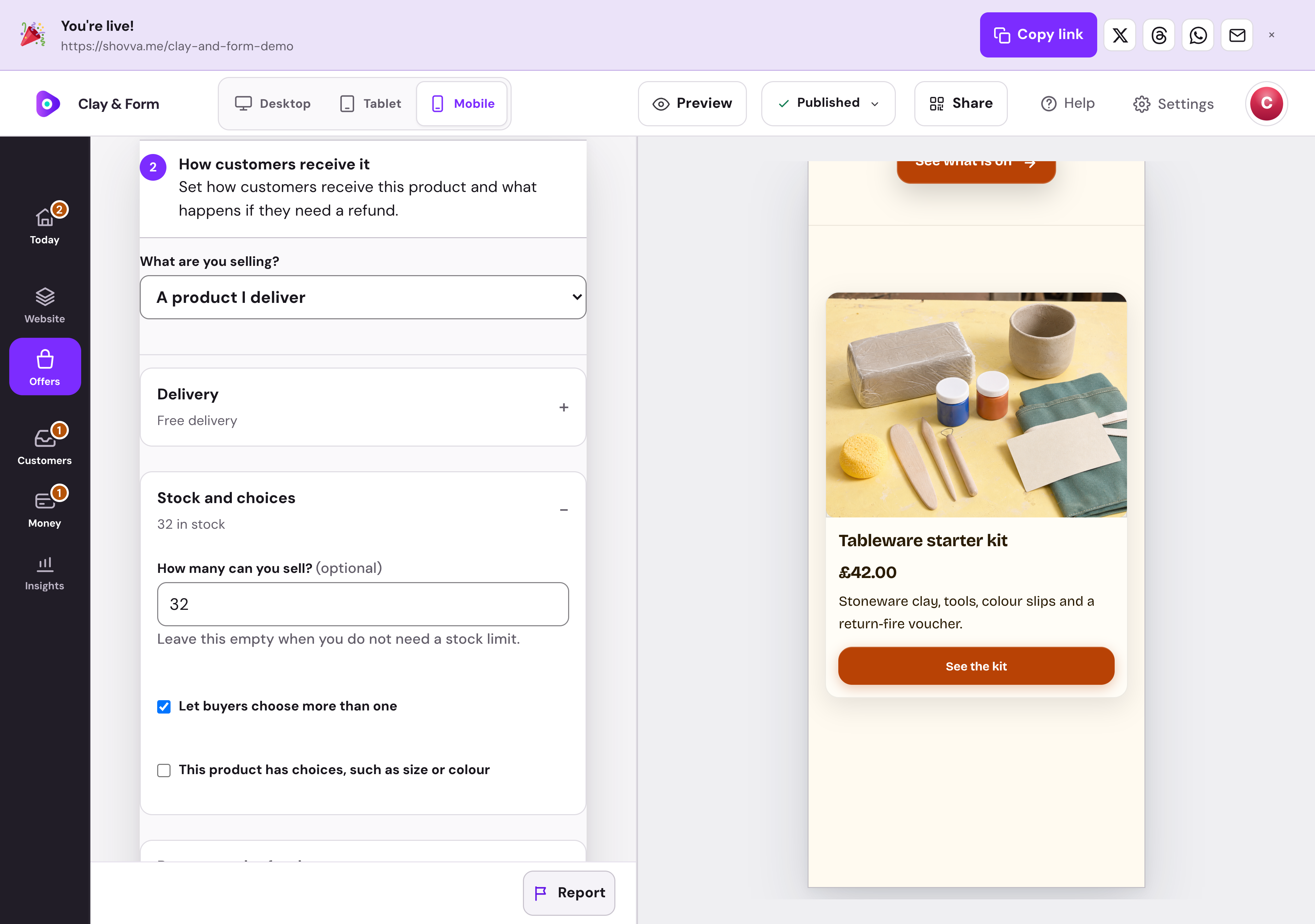 Clay & Form · Product editor — desktop dashboard