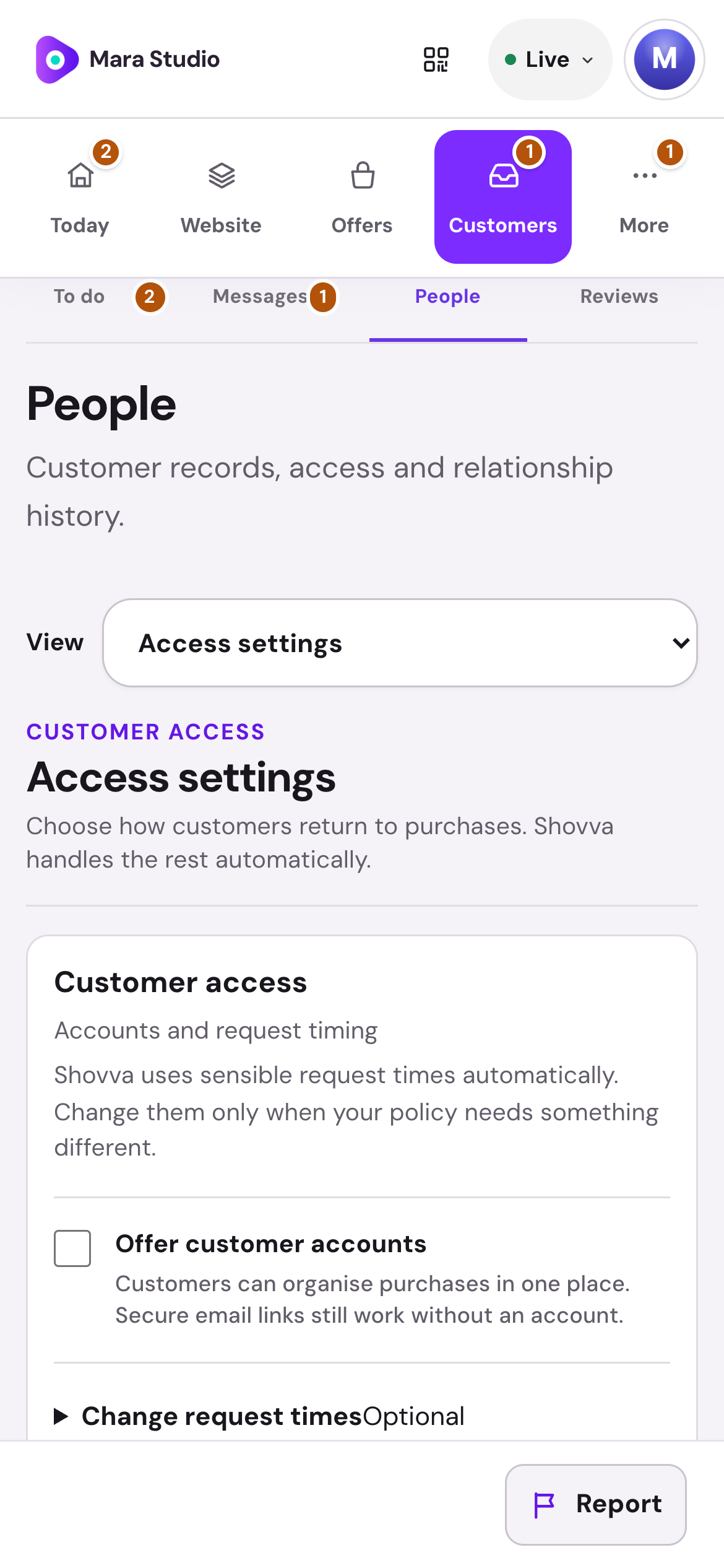 Mara Studio · Customer access settings — mobile dashboard