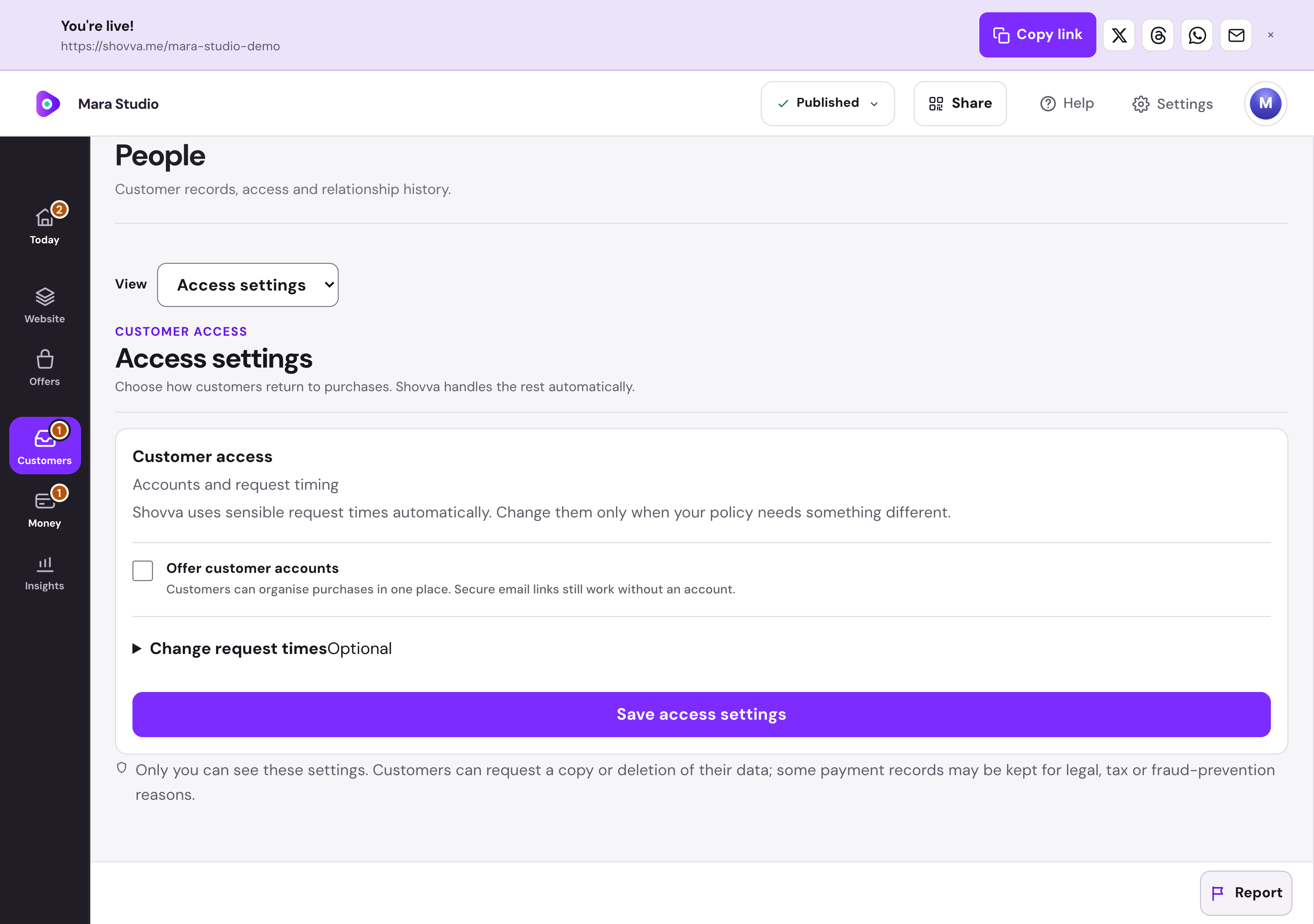 Mara Studio · Customer access settings — desktop dashboard