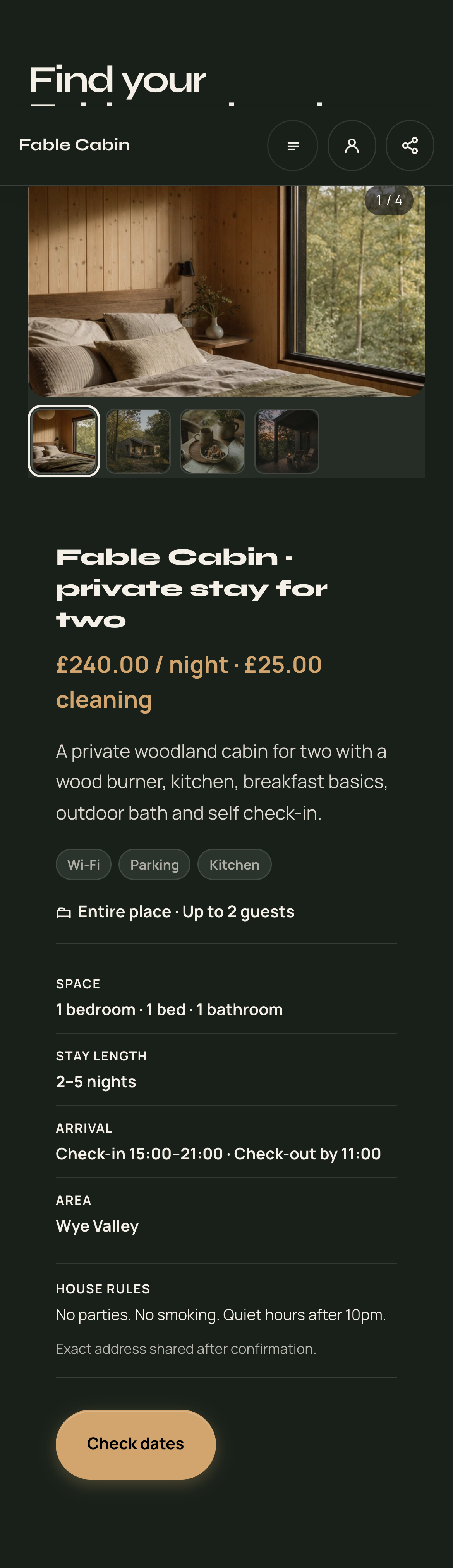 Fable Cabin: actual stay offer section, including the customer action — mobile