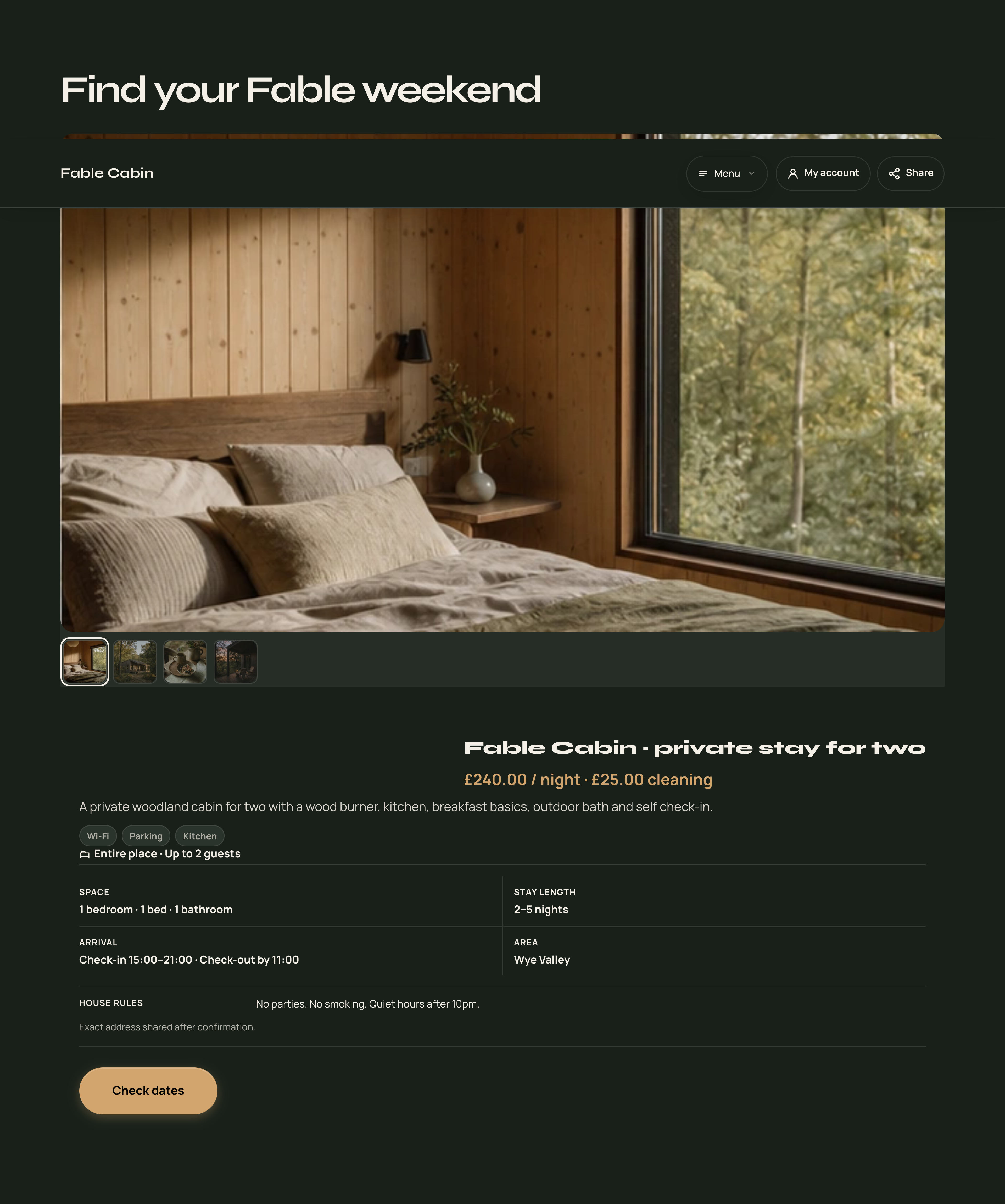 Fable Cabin: actual stay offer section, including the customer action — desktop
