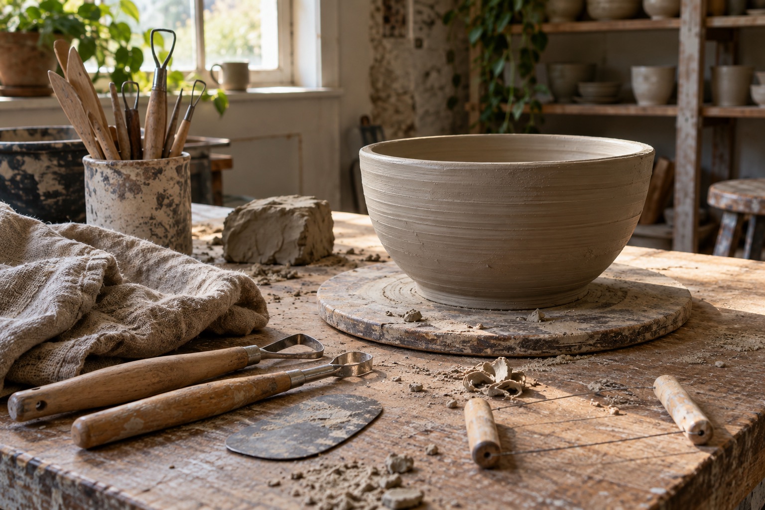 A hand-thrown clay bowl and pottery tools on a sunlit studio workbench
