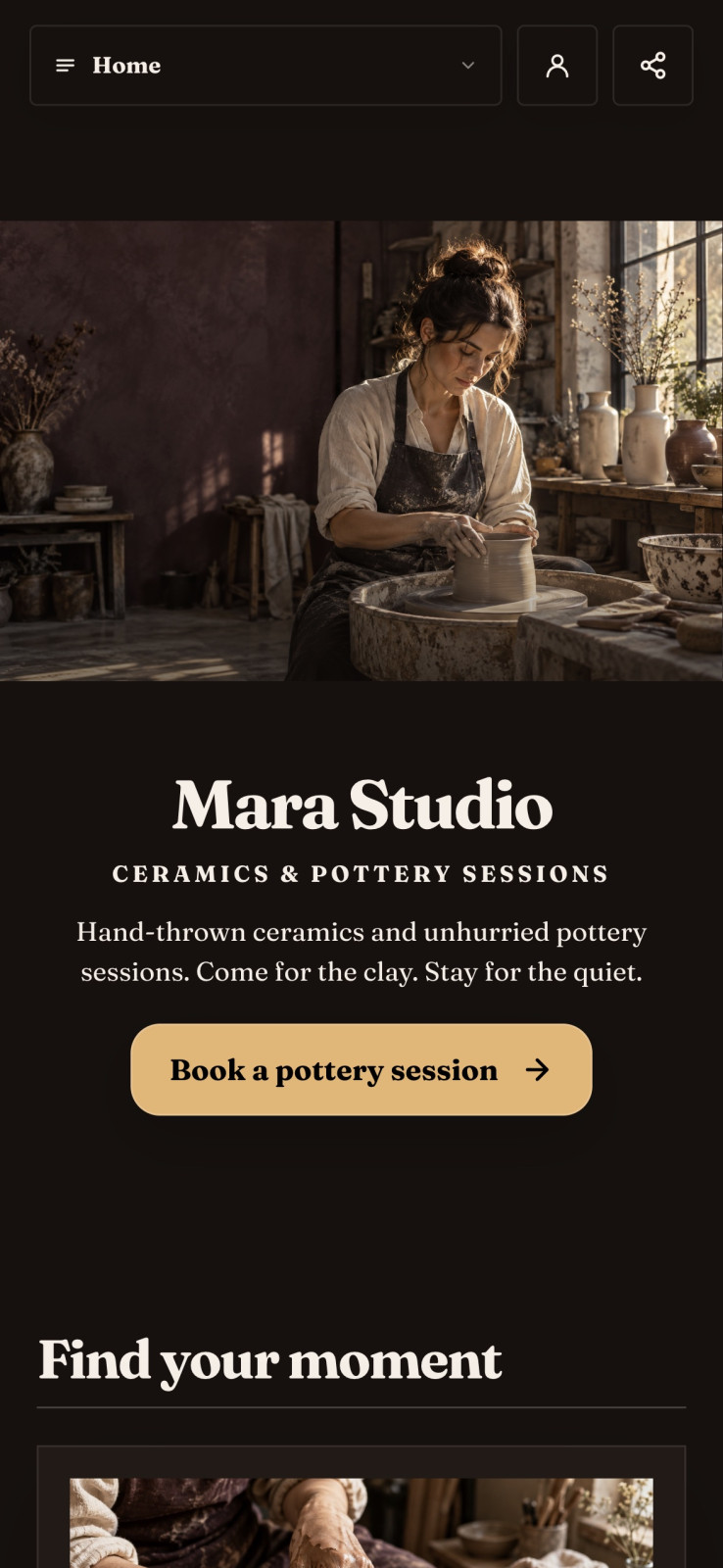 Mara Studio’s Shovva page with pottery sessions ready to book